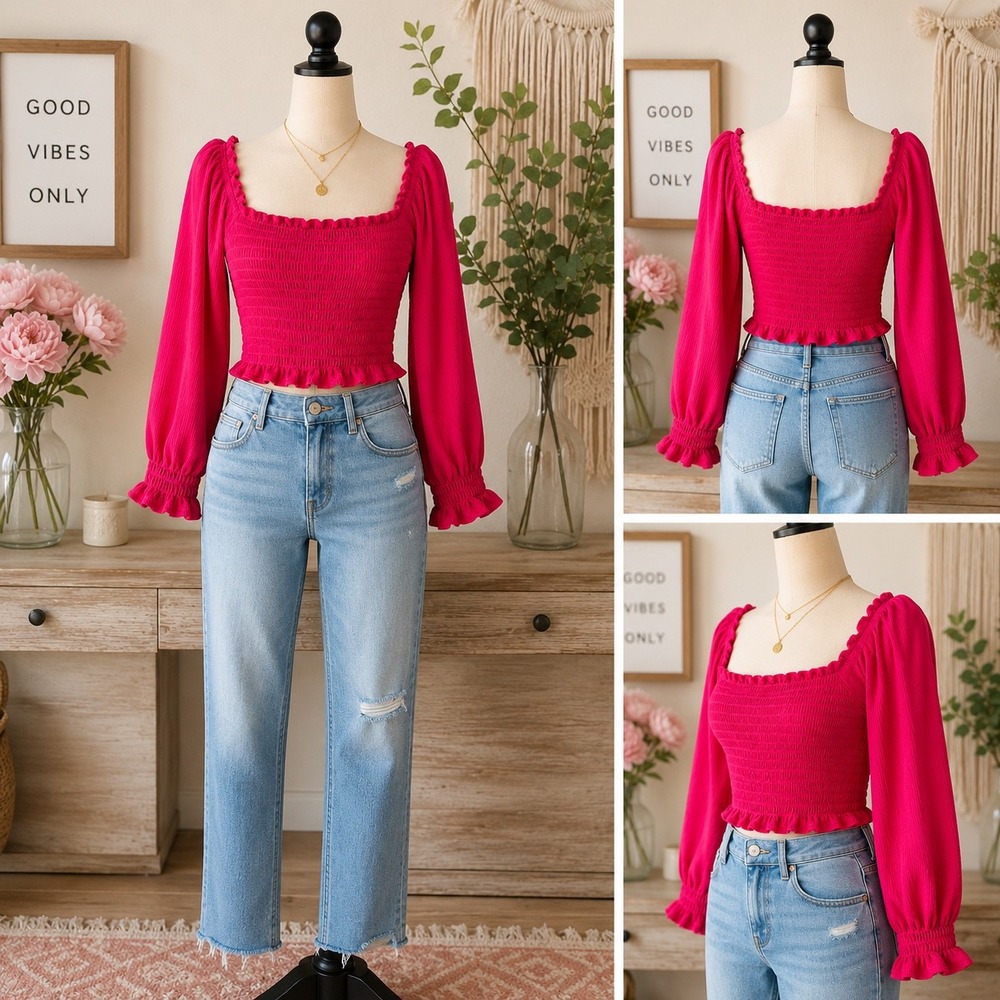 Free People Magenta Smocked Puff Sleeve Crop Top Square Neck OB931386 Pink Med